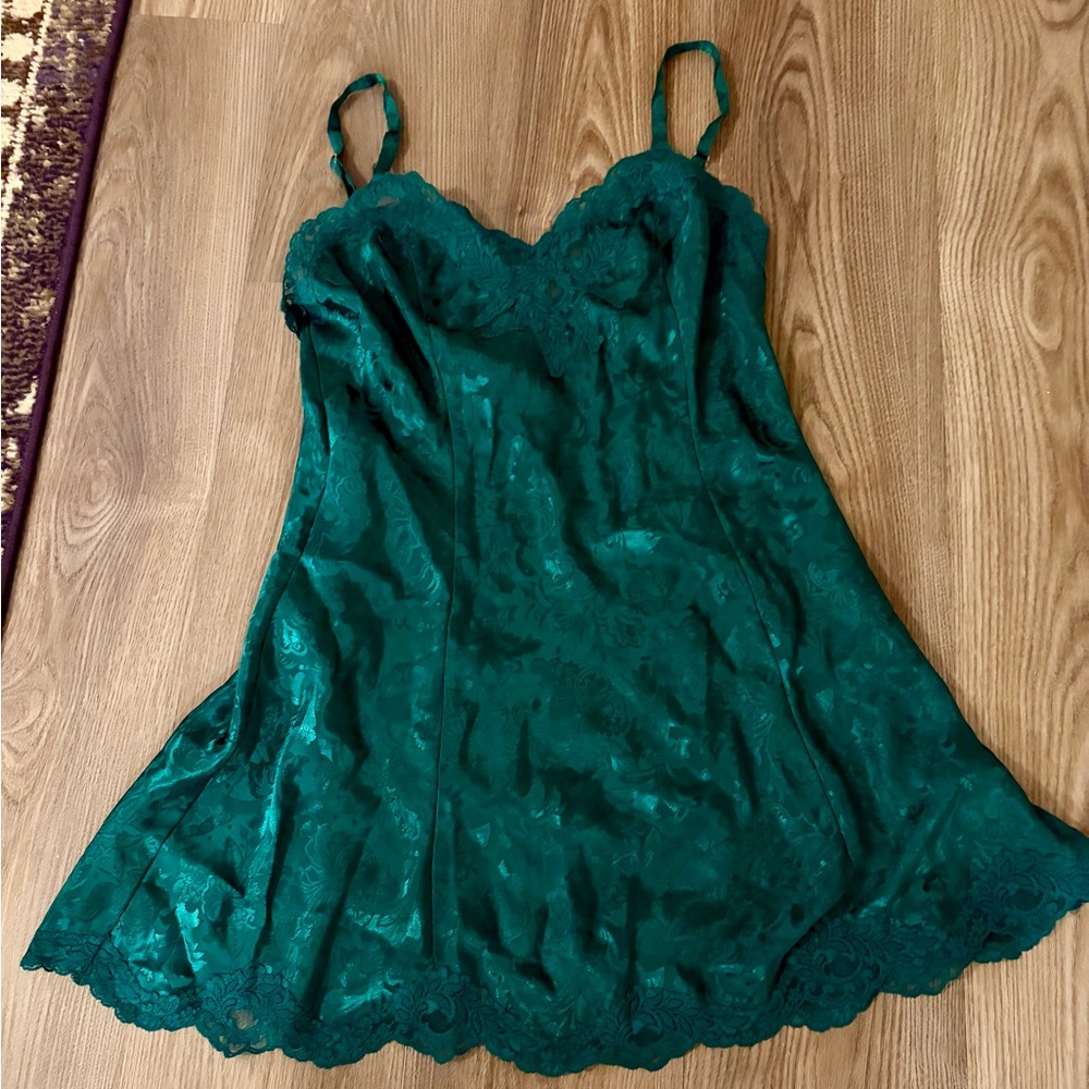 Vintage Victoria's Secret Emerald Green Lace-Trim Satin Slip